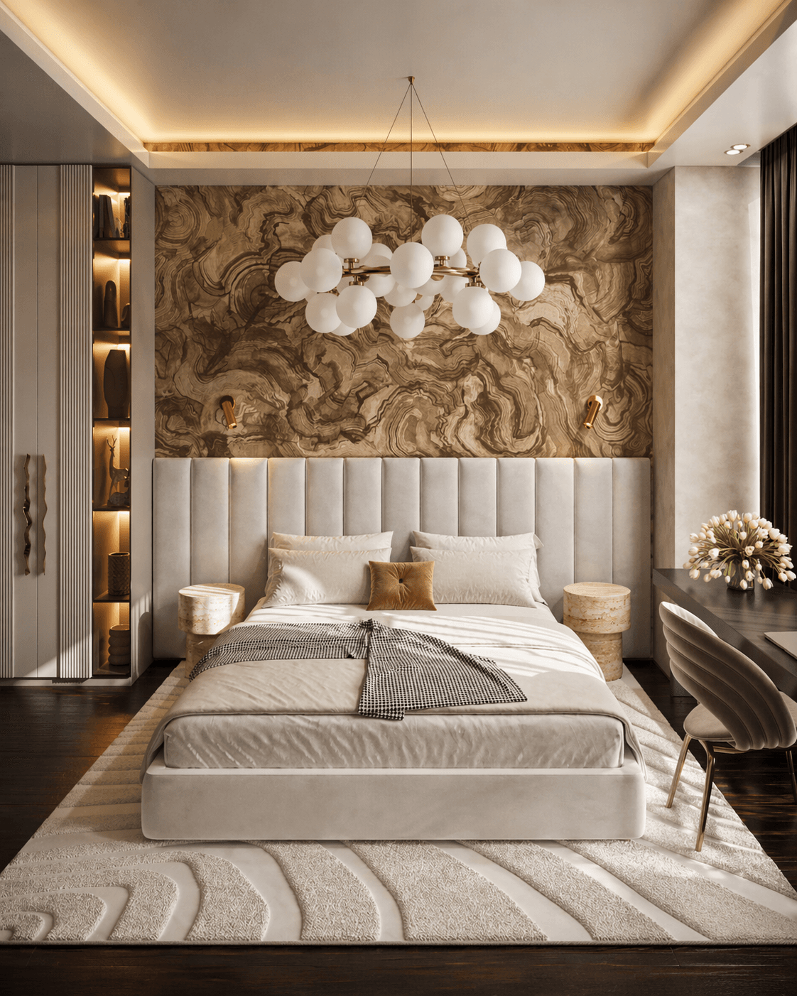 Bedroom interior with layered neutral textiles and integrated lighting