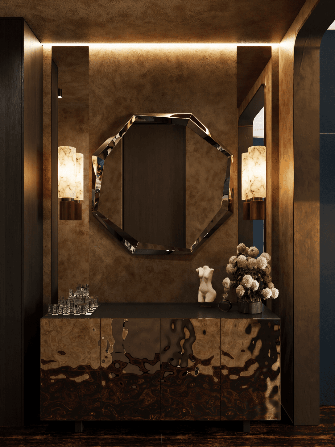 Corridor interior with refined wall panels and concealed lighting