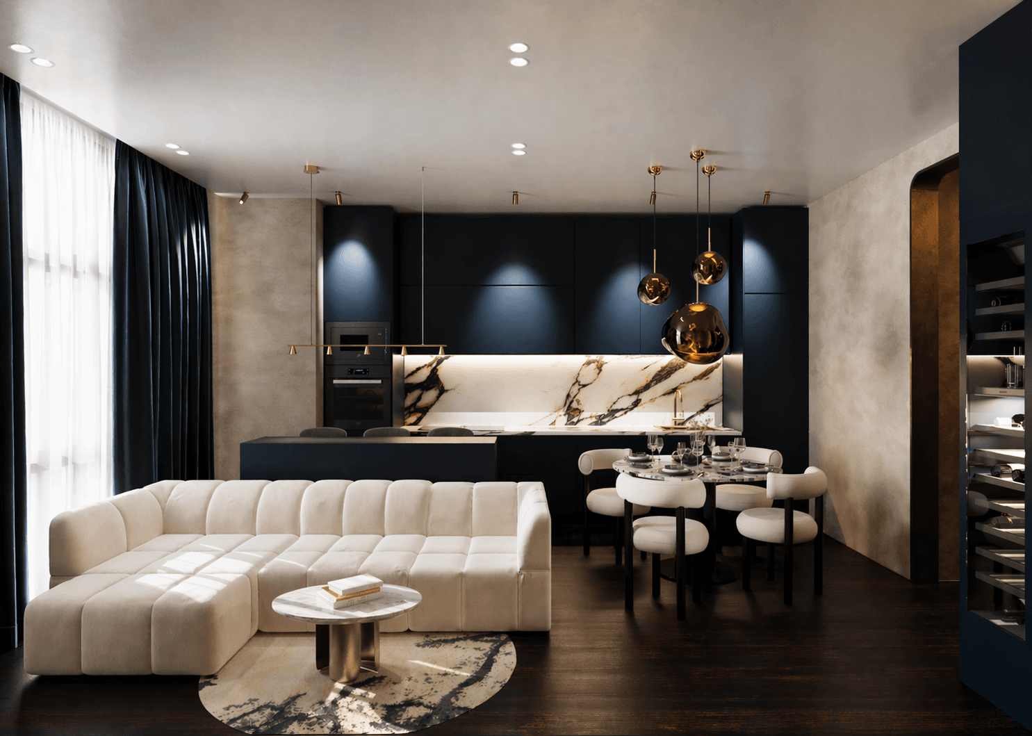 Open-plan living room interior with warm wood and stone finishes